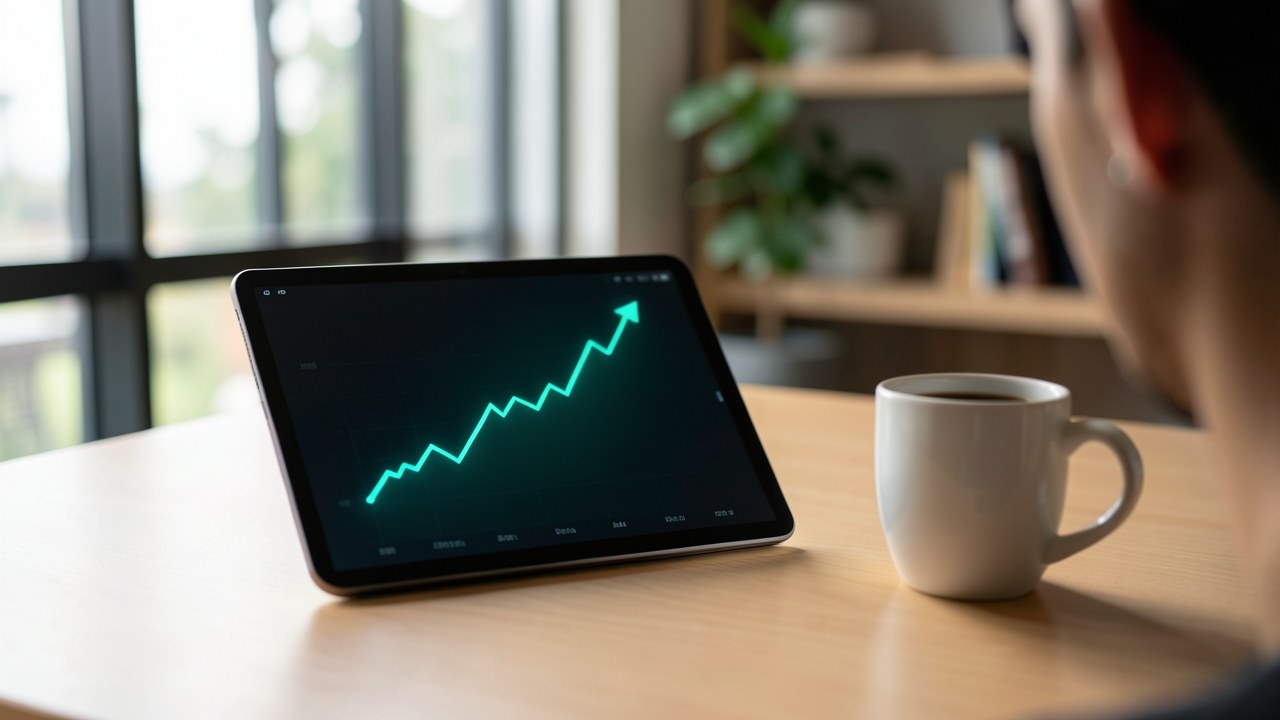 A close-up of a digital tablet displaying a line graph with a rising trend, set on a clean desk with a cup of coffee, conveying up-to-date financial data.