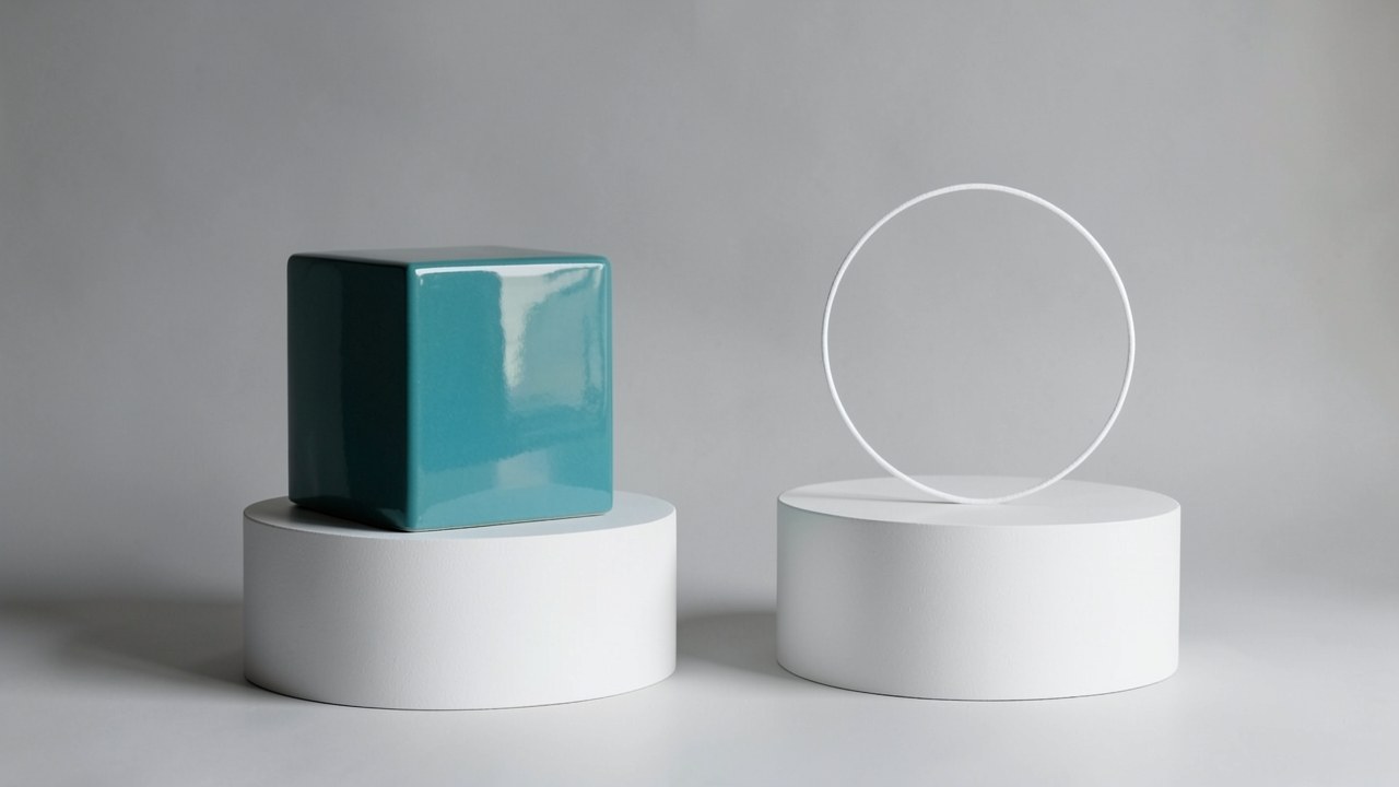 A balanced composition with two abstract shapes: one solid teal square and one outlined circle, each on a pedestal, symbolizing a comparison between fixed and adjustable options.
