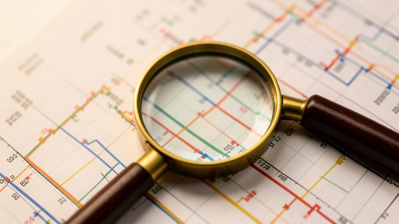A magnifying glass over a printed financial chart with line graphs and data points, suggesting a close analysis of the factors affecting mortgage rates.