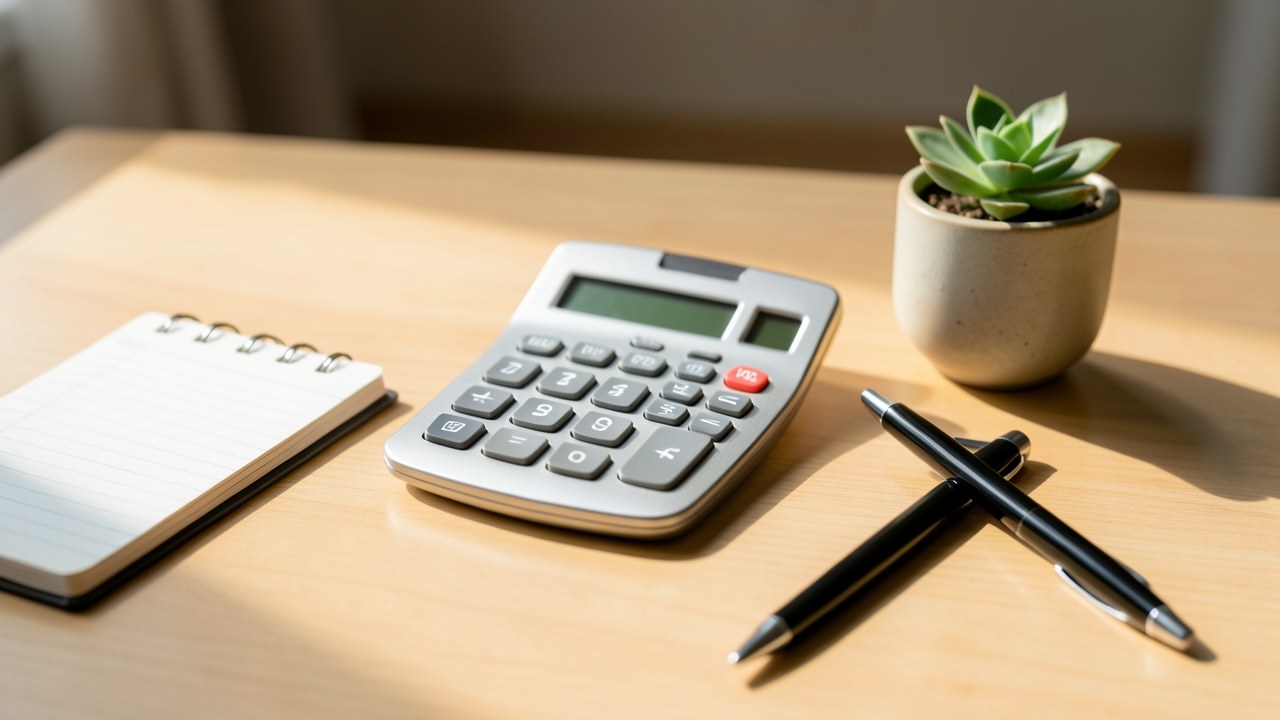 A simple calculator with a small piece of paper and a pen on a clean wooden desk, with a warm bokeh background of a home interior, symbolizing the math of mortgage payments.