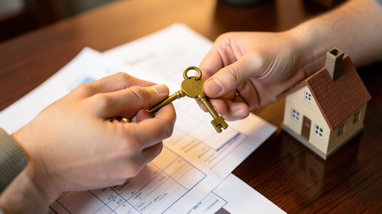 A key being handed over at a closing table with documents and a small house model, symbolizing the refinance process and new loan agreements.