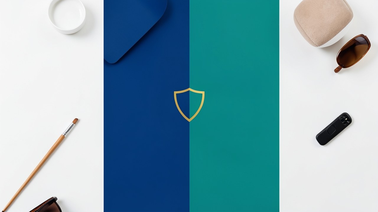 An abstract flag-like shape split into two panels, one blue and one teal, with a subtle shield emblem in the center, symbolizing government-backed loans.