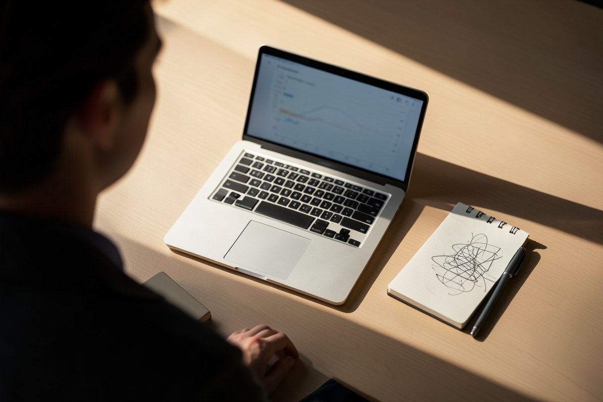 A clean, modern office workspace with a laptop, notepad, and a pen, conveying a professional team working on financial content.