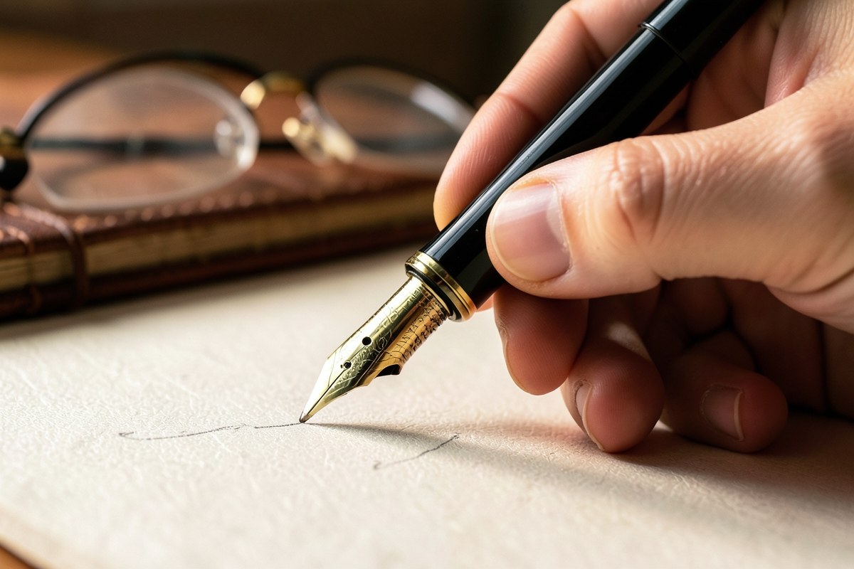 A close-up of a fountain pen writing on a document, with a pair of glasses resting nearby, symbolizing careful editorial review and accuracy.