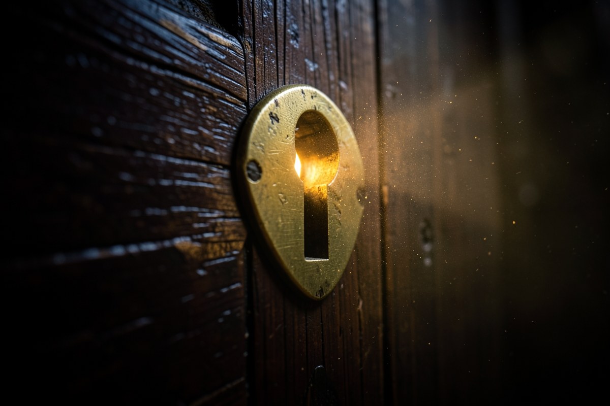 A small keyhole in a wooden door with light coming through, representing privacy and security.