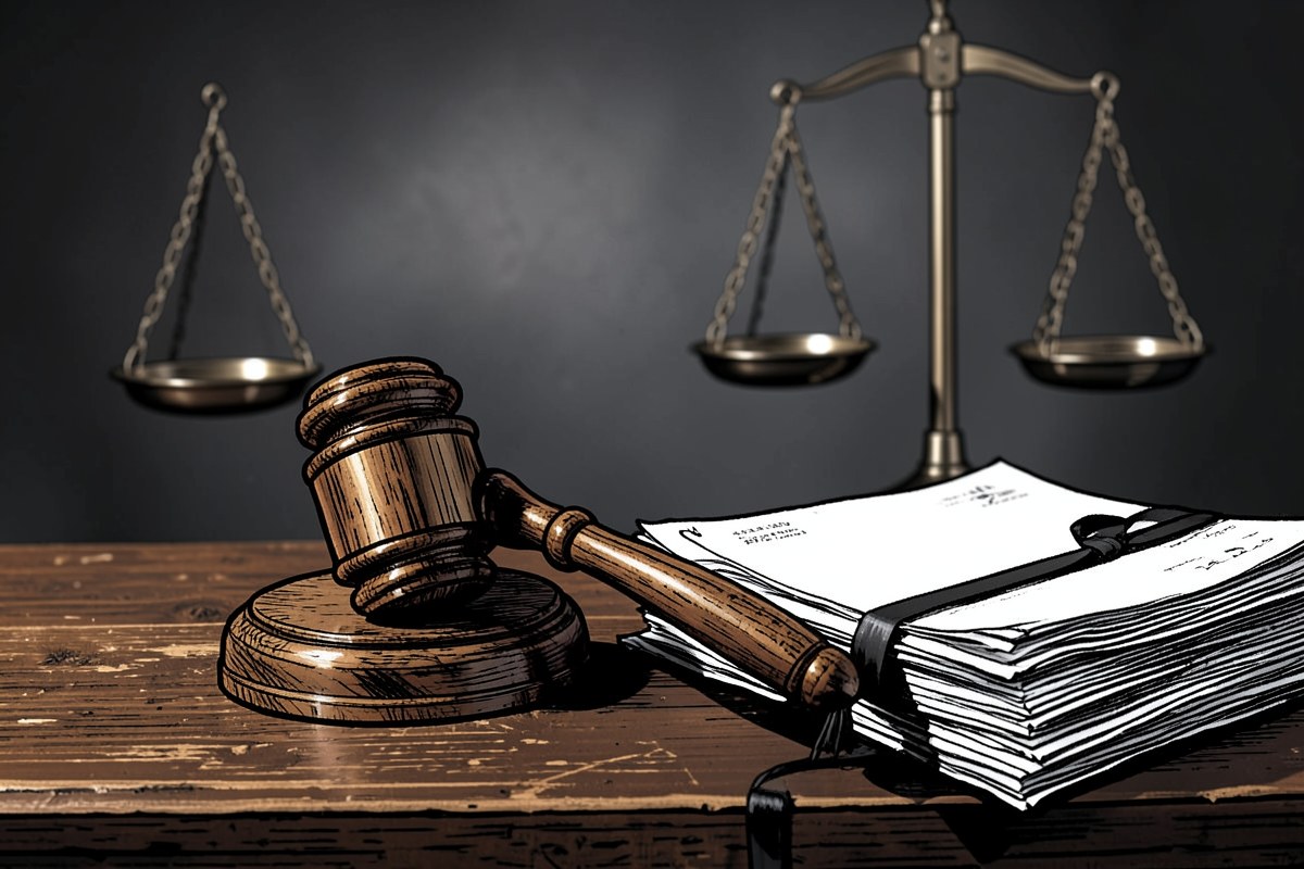 A gavel and a stack of legal documents on a desk, representing terms of use and legal agreements.