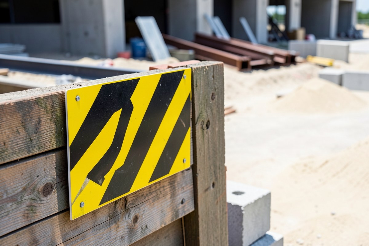 A warning sign on a construction barrier, symbolizing caution and important information.