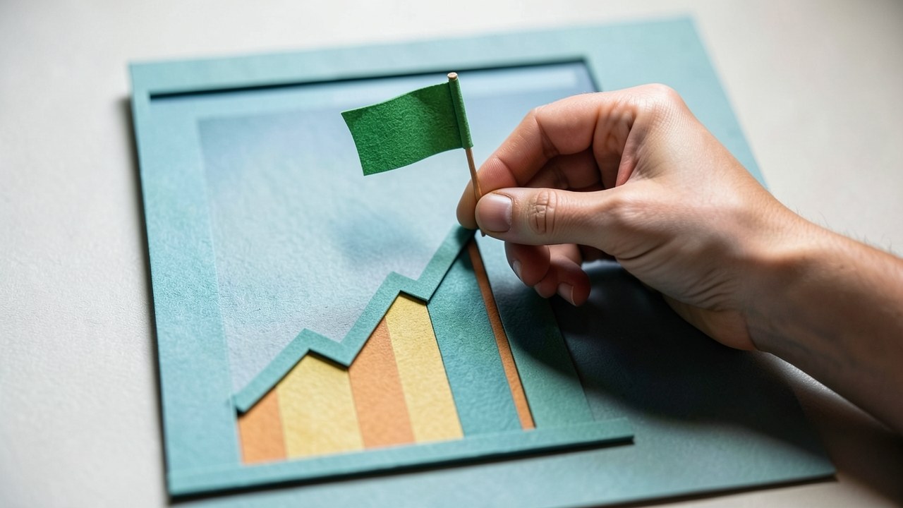 A hand placing a small green flag on a rising line chart, symbolizing finding the best mortgage rate.