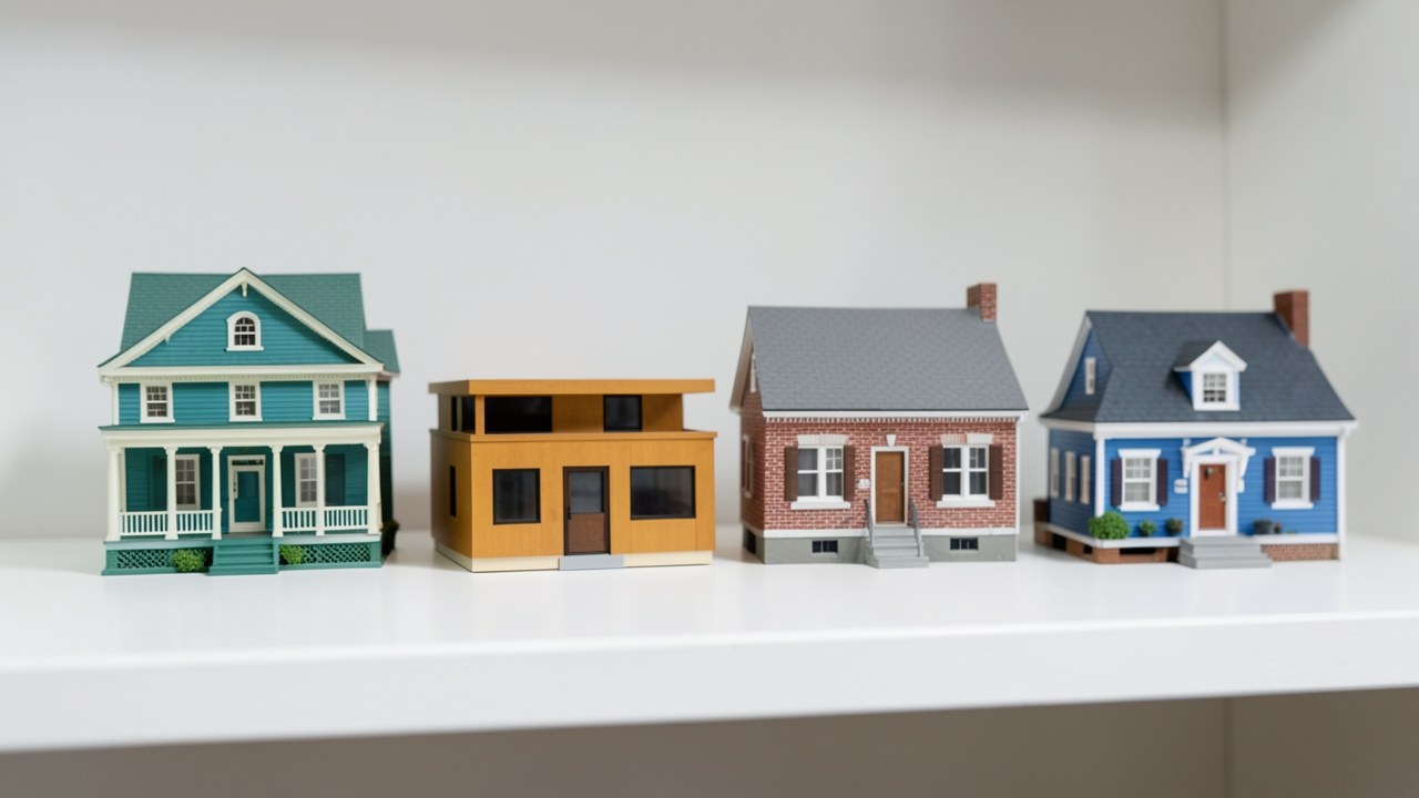 Four distinct house models in different styles and colors, arranged in a row, symbolizing different types of mortgage loans.