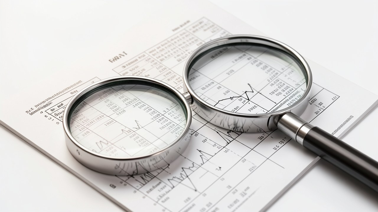 Two magnifying glasses over a page with printed financial tables, symbolizing the comparison of lender offers.